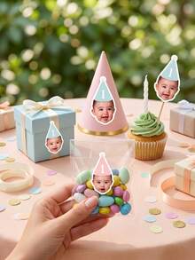 24/48/96pcs Customized Baby Face 1st Birthday Stickers, Personalized Photo And Text Party Hat Stickers, Suitable For Small Gifts, Cups, Candy Bags Custom Stickers - Multicolor - View 5