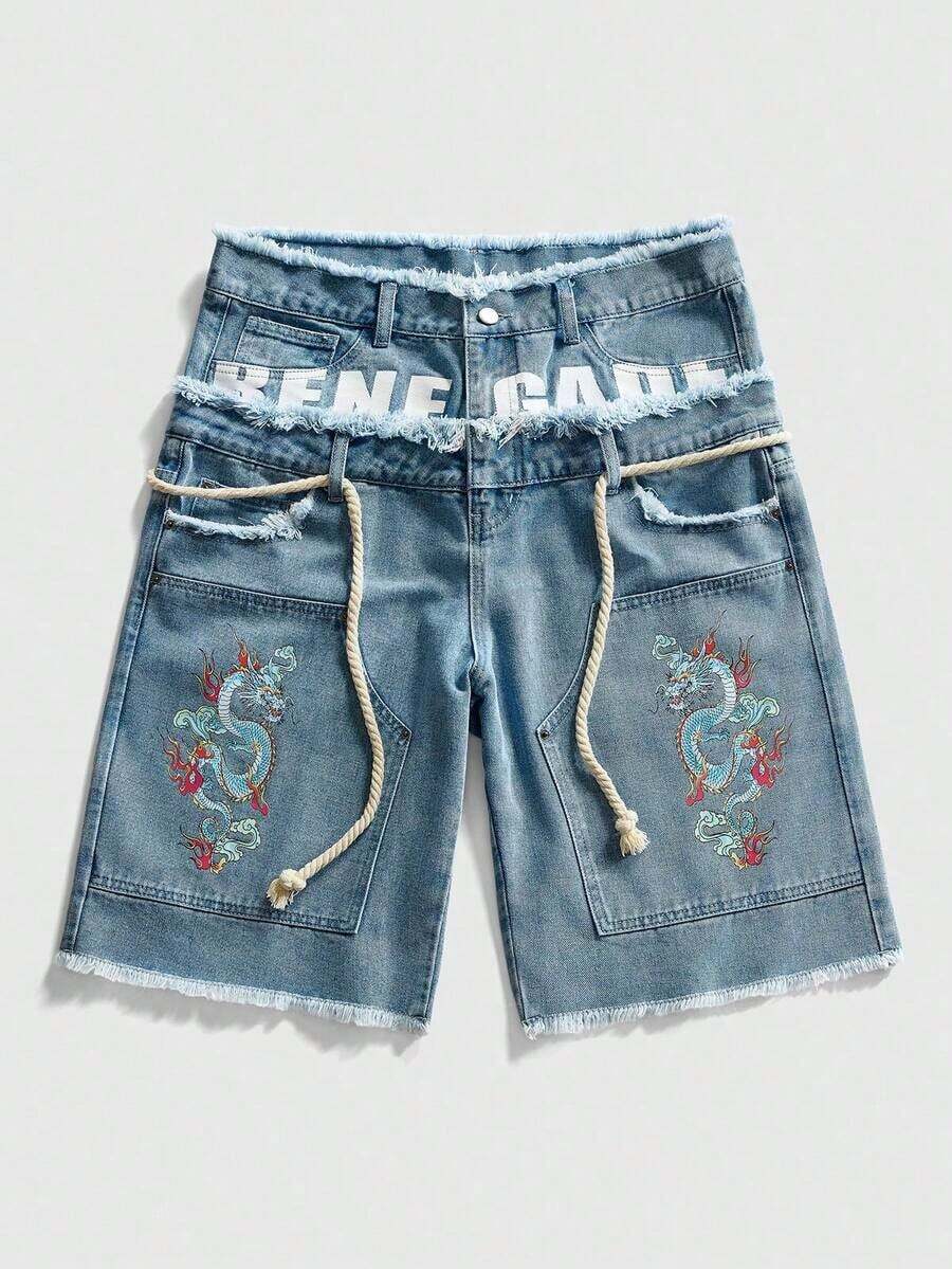 ROMWE MEN Street Life Pantalones cortos de mezclilla con doble cintura y bordado para hombres - Celeste 5 - Ver 1