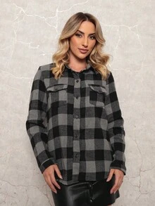 Women's Flannel Plaid Long-Sleeved Shirt - xám - Xem 4