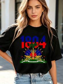Cotton, Graphic Print, T-Shirt With Haitian Flag Print Of The Haitian Revolution Of 1804, Independence Day, Casual Crew Neck T-Shirt, Short Sleeve, Comfortable. - 黑色 4 - 查看 4