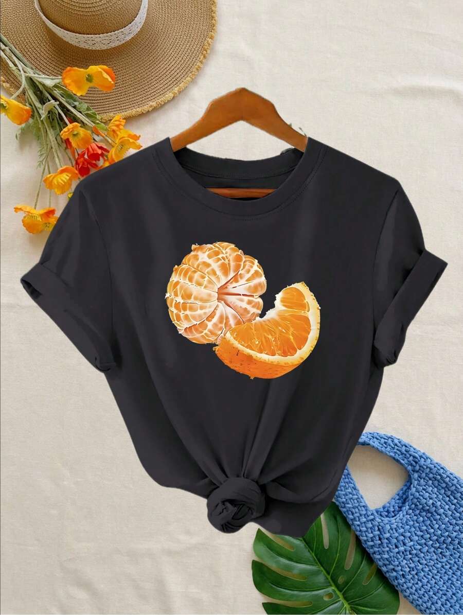 Plus Size, Summer Novelty, Women's Fashion Casual T-Shirt With Orange Slice And Pulp Print, Stylish Women's Clothing - 黑色 - 查看 1