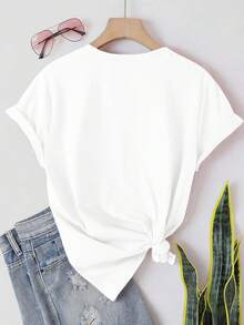 Camiseta de manga corta suave para mujer, estilo universitario urbano, con lindo estampado de animales coreanos, con etiqueta de talla, cómoda para deportes diarios y  de moda, Playera de manga larga para mujer - Lavable a máquina - Blanco - Ver 3