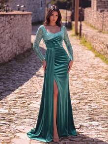 Faeriesty Đầm dạ hội trang trọng dành cho nữ, thiết kế cổ áo hình trái tim, kiểu dáng bất đối xứng, xẻ cao đến đùi, thích hợp cho các bữa tối, lễ kỷ niệm, tiệc tùng và sự kiện. - Màu xanh Bạc hà - Xem 1