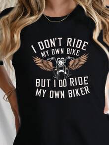 Elegante camiseta diaria de 180G con estampado de motocicleta y alas, camisa casual y cómoda de manga corta y cuello redondo, adecuada para primavera y otoño, ropa de mujer, camiseta chic de moda de 180G. - Negro - Ver 10