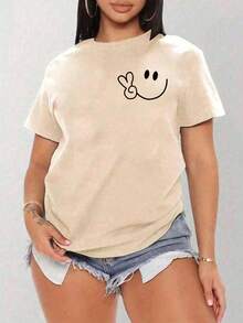Women's Oversized Red Summer T-Shirt With  Face And Peace Sign Print. Casual Red Short-Sleeved T-Shirt With  Face, Ideal For Cool Summer Looks. - YH463-杏色 - 查看 1
