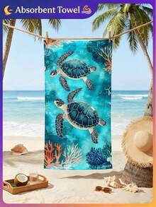 1pc Coral Turtle Print Beach Towel, Swimming Towel, Fashionable Beach Towel, Made Of Soft And Comfortable Microfiber Material With Super Absorbency, Lightweight And Portable, Windproof, UV-Resistant, Anti-Sand, Suitable For Summer Travel And Vacation, Also Can Be Used For Bathroom Decor - Coral Turtle - View 2