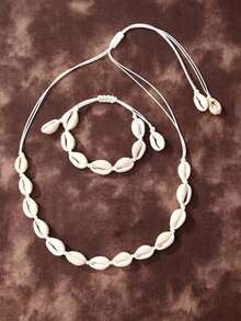 1 Set Collar y Pulsera originales de diseño con conchas, cadena y cuerda tejida, collar y pulsera ajustables, regalo de joyería para niñas - Blanco - Ver 1