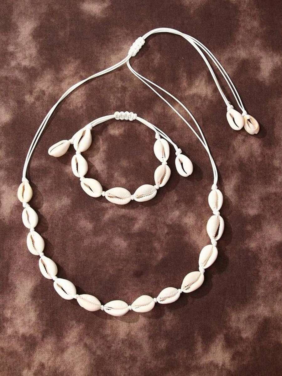 1 Set Collar y Pulsera originales de diseño con conchas, cadena y cuerda tejida, collar y pulsera ajustables, regalo de joyería para niñas - Blanco - Ver 1