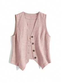 Plus Size Women's Spring/Summer Casual Linen Blazer Vest - Dusty Pink - View 4