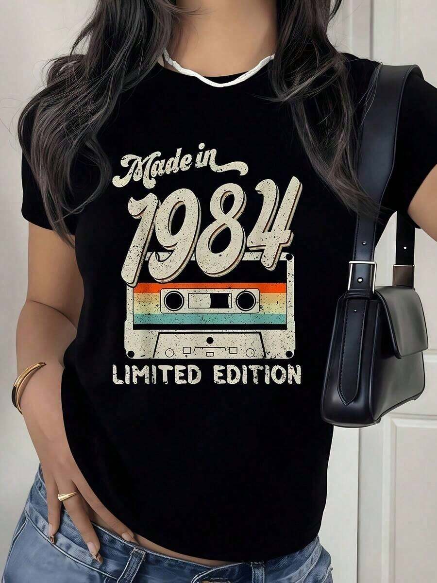 Women's Short-Sleeve T-Shirt 1984 Born Retro Music Subculture Limited Edition Cassette Memory, Round Neck, Regular Sleeve, Casual Style, Suitable For All Seasons, Women's Clothing, 100% Cotton - 黑色 - 查看 1