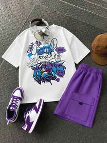 Conjunto de 2 piezas estilo urbano para adolescentes, camiseta con estampado de conejo graffiti + pantalones cortos cargo morados, conjunto casual, cómodo y versátil para skateboarding. - Negro - Ver 4