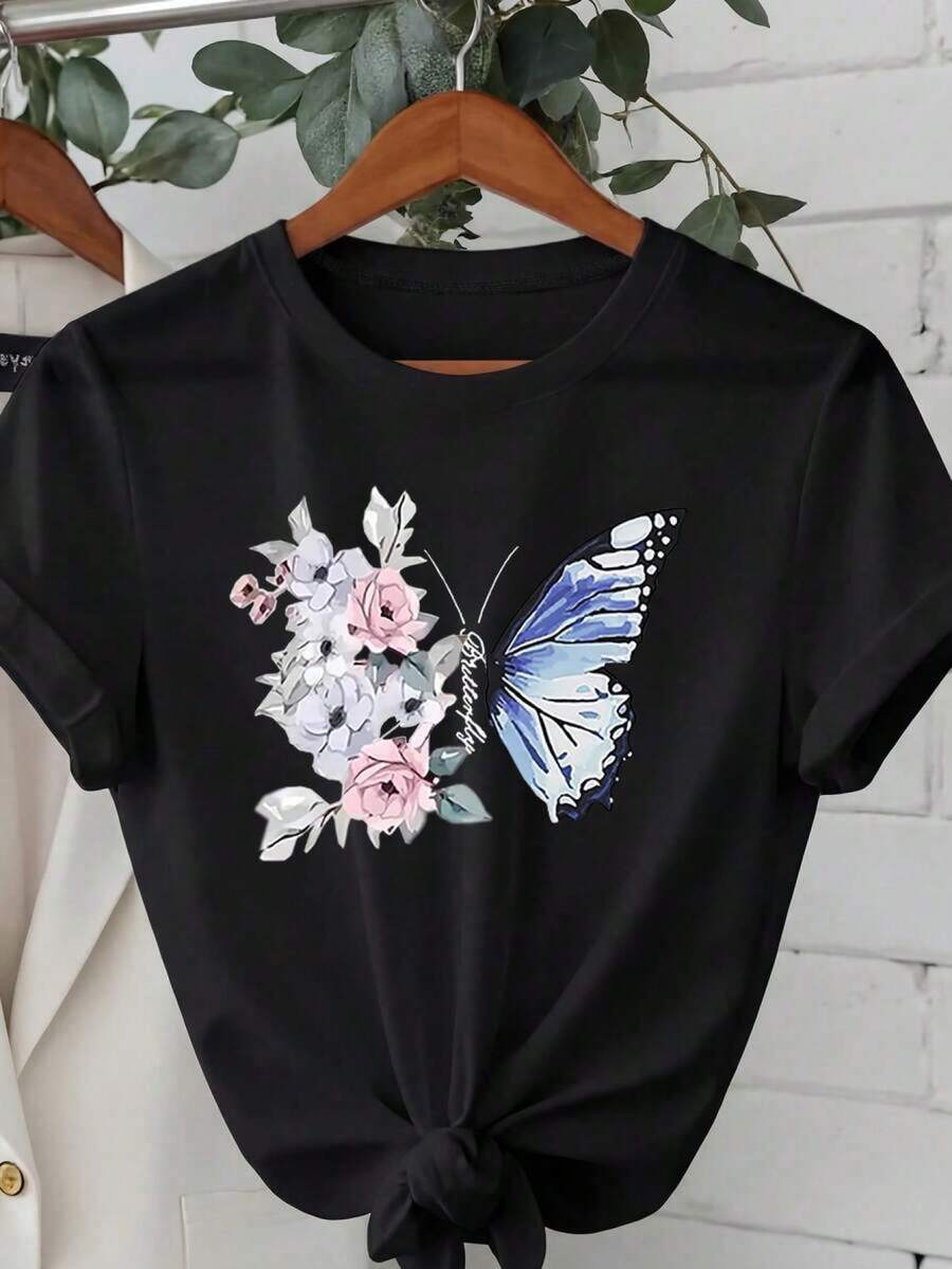 Camiseta casual de cuello redondo de manga corta con estampado floral y de mariposa para mujer 83BJ - Negro - Ver 1