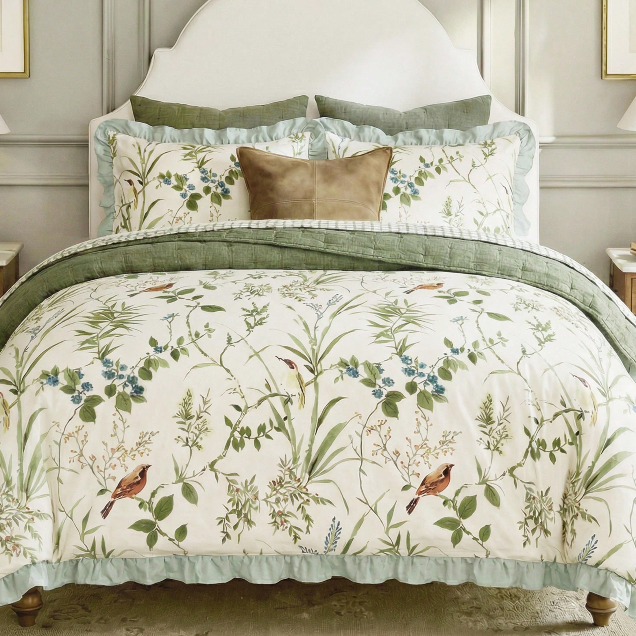 Set de ropa de cama con estampado floral y de hojas con volantes, que incluye 1 funda nórdica y 2 fundas de almohada (sin relleno), adecuado para dec