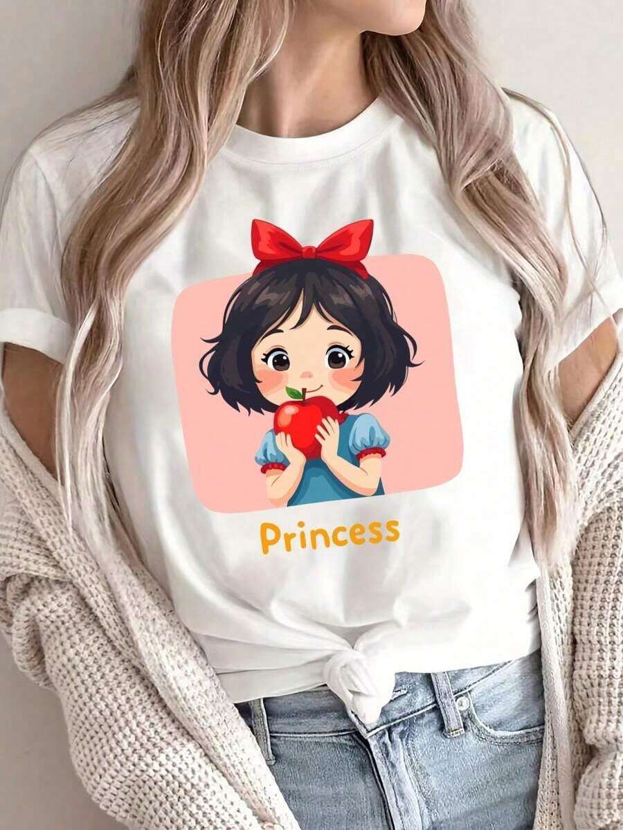 Minimalist Women's Anime Princess Pattern Short Sleeve T-Shirt - Casual Round Neck, Spring Summer Cartoon Print Top, Anime T-Shirt, Summer Outfit, Fun Design, Durable Construction, Printed Top, Women's Fashion, Comfortable Fit, Short Sleeve Top, Adult Clothing - 白色的 - 查看 1