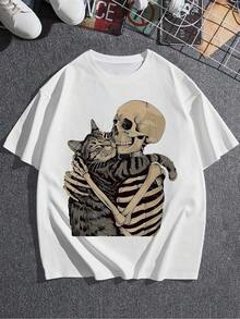 Women's Cozy Cat And Skeleton Hug Print T-Shirt, Short Sleeve Halloween Style Tee, Cute And Spooky, Relaxed Fit Cotton Top With  Artistic Print, Unique Casual Wear - 白色 - 查看 3