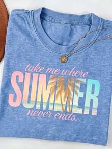 T-shirt à manches courtes coupe régulière, style INS "Summer" avec imprimé graphique de slogan palmier, bleu délavé acide vintage, top d'été décontracté en tissu épais lavé - Bleu ciel - Voir 5