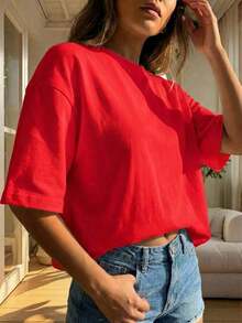 Blusa de mujer de cuello redondo, manga corta, holgada y casual, adecuada para primavera y verano, con estilo minimalista, elegante y sexy Y2K, versátil para el trabajo, el hogar y salir - Rojo - Ver 4