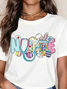 Vintage White T-Shirt With Stethoscope, Easter Egg And Medical Accessories Print For Nurses And Healthcare Workers Celebrating Easter. - 白色 - 查看 6