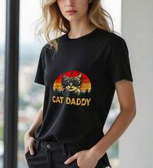 Playera de mujer 100% algodón manga corta Cat Daddy gato gafas casual verano - Negro - Ver 1