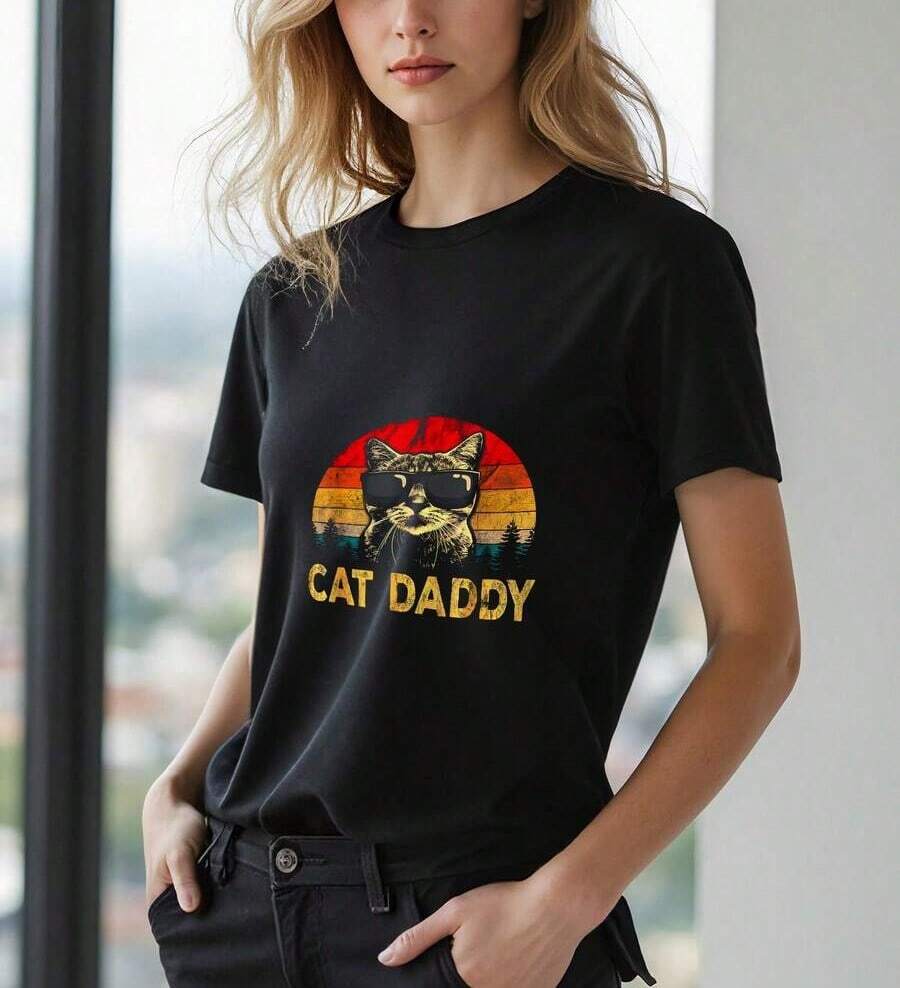 Playera de mujer 100% algodón manga corta Cat Daddy gato gafas casual verano - Negro - Ver 1