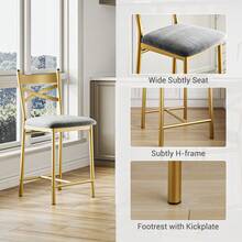 Bar Stools Set Of 2,   High Back And Metal Footrest, Upholstered Large Seat Island Stools Bar Chairs For Dining Room Kitchen Bar - Gold - View 3