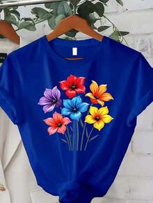 Camiseta Estampada para Mujer Talla Grande - Talla Grande - Esta es una cómoda camiseta de mujer de corte holgado con un diseño floral colorido. Es una blusa casual de verano adornada con flores de acuarela brillantes, perfecta para el uso diario.-Vintage Street Style Unisexoose Cotton Short Sleeve Crew Neck T-Shirt - Azul - Ver 1