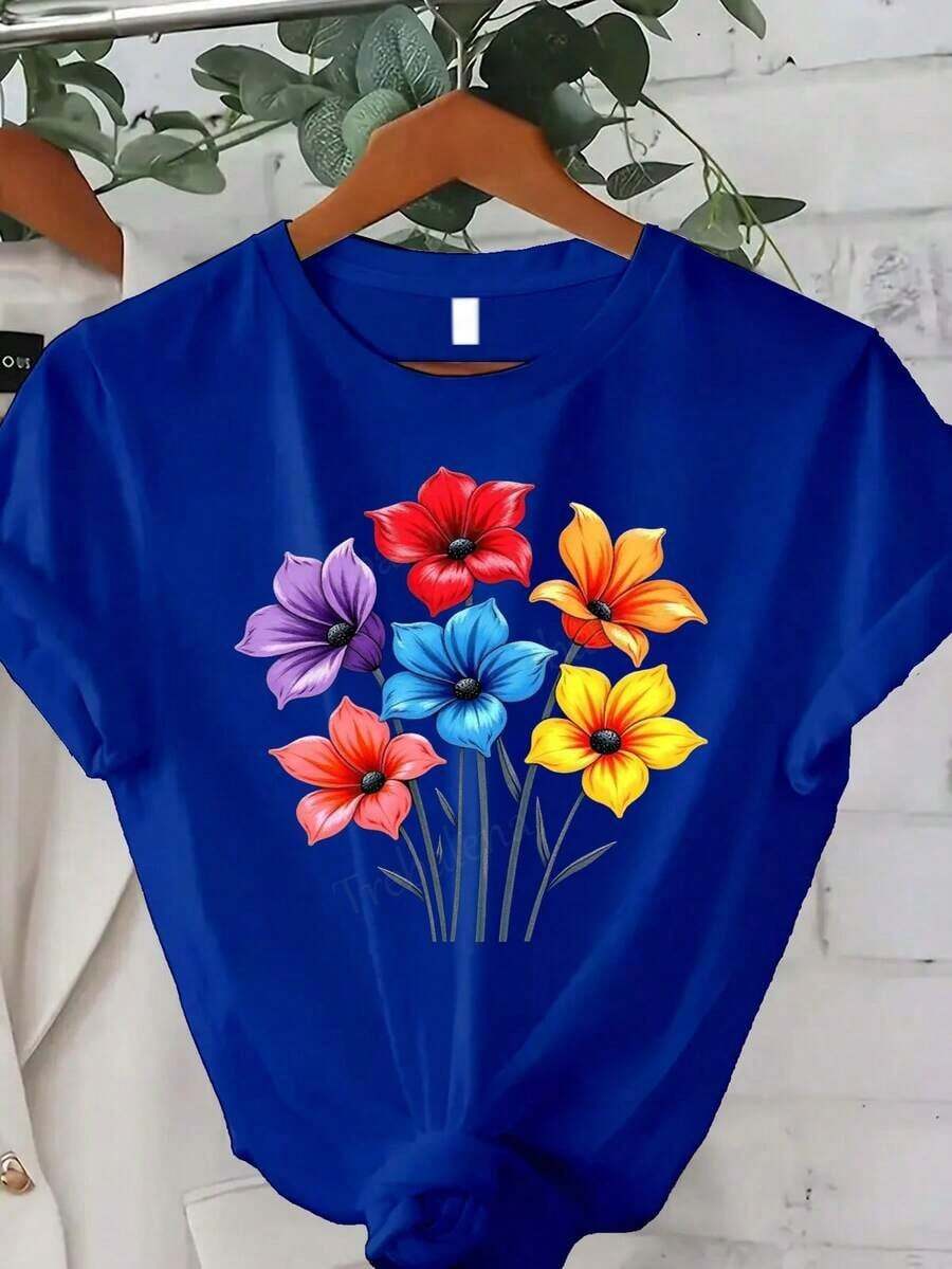Camiseta Estampada para Mujer Talla Grande - Talla Grande - Esta es una cómoda camiseta de mujer de corte holgado con un diseño floral colorido. Es una blusa casual de verano adornada con flores de acuarela brillantes, perfecta para el uso diario.-Vintage Street Style Unisexoose Cotton Short Sleeve Crew Neck T-Shirt - Azul - Ver 1