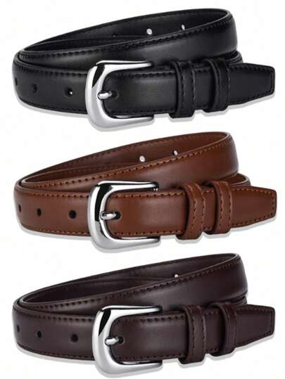 2026 Women's Silver Alloy Buckle Simple Solid Color Casual Pin Belt, Flexible Adjustment, Versatile & Fashionable Decoration - Durable PU Material Multi-Functional Belt, Suitable For Casual, Office, Daily Commute, Can Be Paired With Jeans, Pants, Dresses, Available In Black, Brown, Coffee Brown, Suitable For Spring, Summer, Autumn, Winter, Perfect Gift For Valentine's Day, Birthday, Holidays, Anniversary