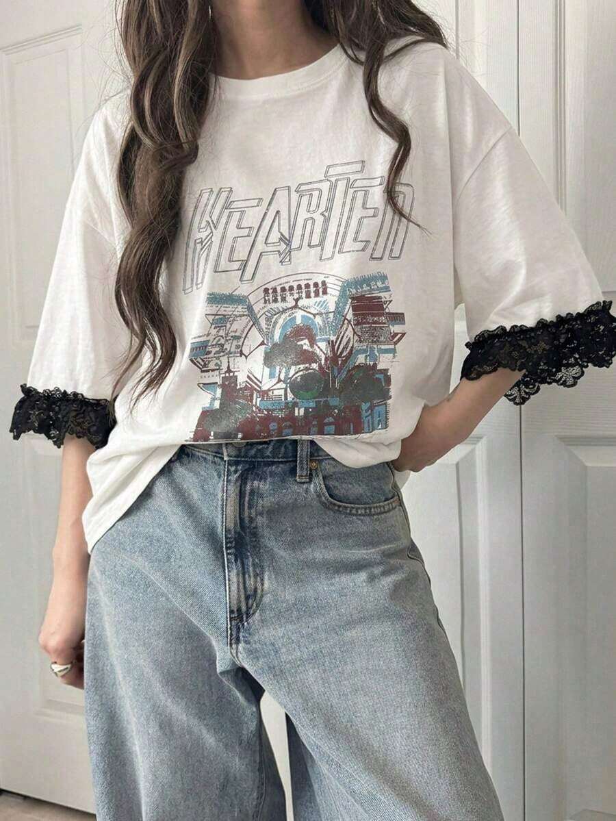 Camiseta de manga corta para mujer con ajuste holgado, estampado de letras, parches de encaje, de algodón transpirable, versátil para primavera/verano, camisetas gráficas oversize para mujer - Blanco - Ver 1