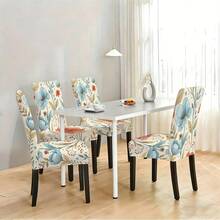 1pc/2pcs/4pcs/6pcs/30pcs Capa Elástica para Cadeira de Jantar, Tamanho Universal, Estilo de Arte Floral em Aguarela, Estampa de Flores Azul & Laranja, Poliéster de Alta Elasticidade, Cobertura Total, Resistente a Manchas, Lavável & Removível - Multicolorido - Ver 13