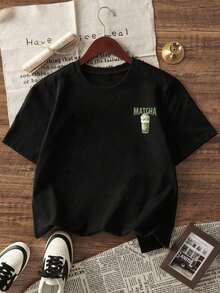1 camiseta de manga corta con cuello redondo y corte holgado para mujer, con estampado gráfico temático de Matcha, Café Latte, adecuada para vacaciones, oficina, salidas, uso diario, citas, fiestas, reuniones, calle, festivales, festivales de música, Día de San Valentín y otras ocasiones festivas. Atuendo Elegante para Oficina de Mujer, Blusa Bonita, Conjunto Festivo para Mujer, Vestido para Cita Romántica, Blusa Casual Negra Elegante para Mujer - Negro - Ver 2