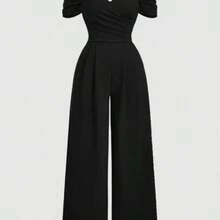 MOD Plus Size Women's Solid Color Off Shoulder Ruched Simple Casual Velvet Skinny Jumpsuit, Women Jumpsuit,Princess Women Costume,New Year,Valentine Women Plus Clothing Formal Women Dresses Birthday Women Summer Clothing Women Casual Dress Woman S Summer Clothes - Negro - Ver 1