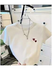 Short-Sleeved T-Shirt With Round Neck, Comfortable And With TWO HEARTS Print, Ideal For Casual Outdoor Activities At Home. - 白色 - 查看 1