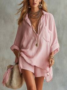 Women's Linen Blend Two-Piece Outfit, Oversized Roll-Up Sleeve Shirt And High Waist Shorts Set, Casual Loose Summer Beach Co-Ord - Màu Khaki - Xem 5