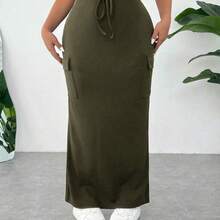 Plus Size Women's Casual High Waist Belted White Cargo Midi Skirt - Café integral - Ver 8