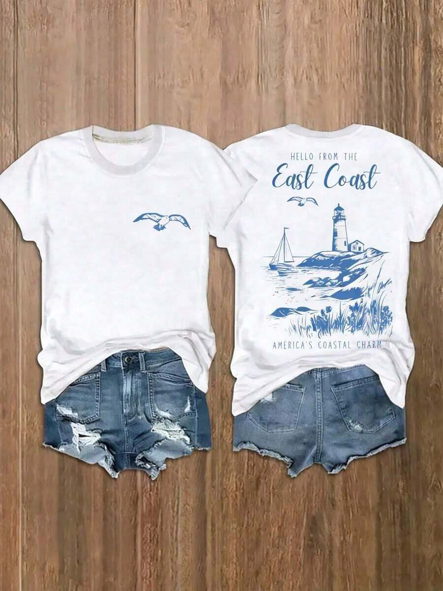 1 pieza de camiseta casual de manga corta para mujer | Impreso con el diseño "East Coast Lighthouse", tela ligera y cómoda de 180 g, cuello redondo, corte regular, camiseta clásica para regalo. Camisetas de algodón brillante de 180 g para mujer, ropa casual de manga corta para el verano, ropa fresca de verano. - Blanco - Ver 1