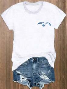 1 pieza de camiseta casual de manga corta para mujer |     Impreso con el diseño "East Coast Lighthouse", tela ligera y cómoda de 180 g, cuello redondo, corte regular, camiseta clásica para regalo. Camisetas de algodón brillante de 180 g para mujer, ropa casual de manga corta para el verano, ropa fresca de verano. - Blanco - Ver 2