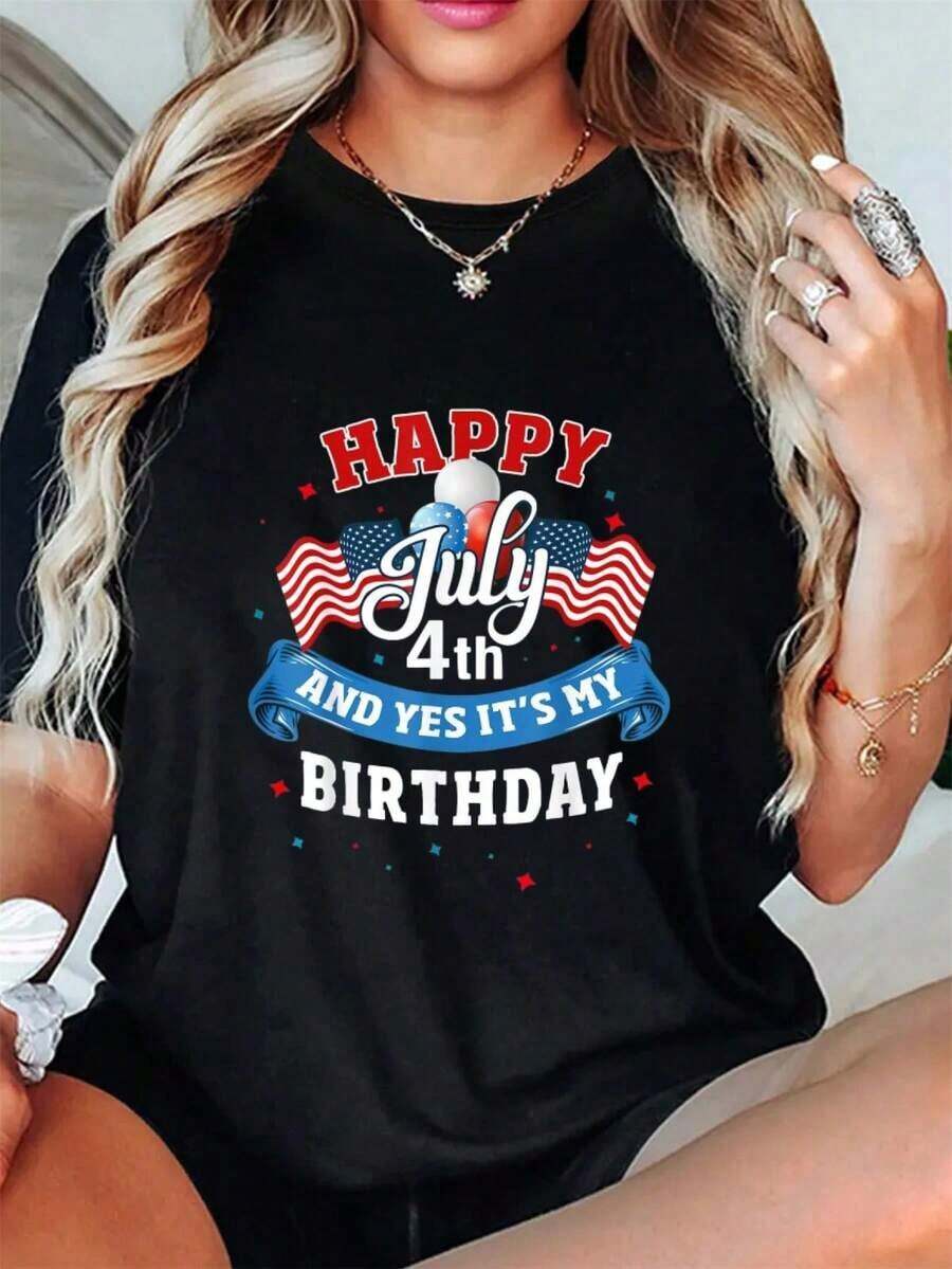 Camiseta de cumpleaños del 4 de julio, camiseta con la bandera americana, feliz 4 de julio, ropa de verano para mujer, camiseta 100% algodón, tops de verano. - Negro - Ver 1