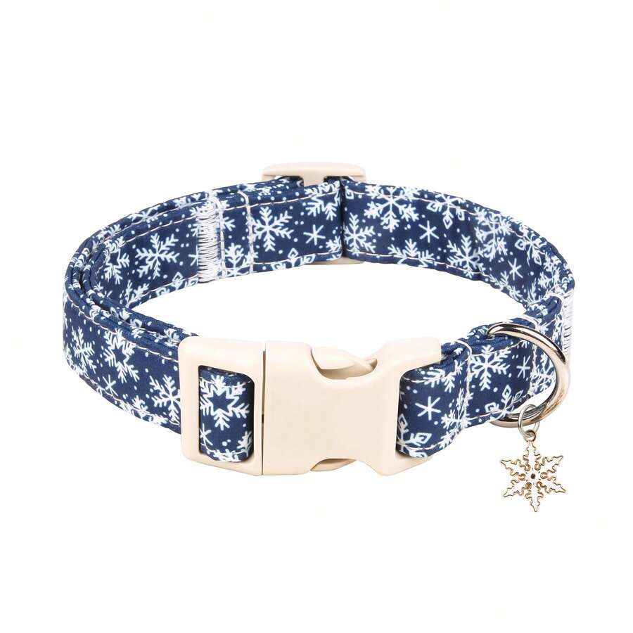 Adjustable Skin-Friendly Polyester Webbing Dog Collar, Navy Blue Background With Cute White Snowflake Winter Print And Snowflake Charm, Multiple Sizes Fit Small, Medium And Large Dogs, Practical Quick-Release Plastic Buckle And Silver Metal D-Ring, Convenient For Indoor And Outdoor Daily Wear, Harmonious And Beautiful Holiday Color Combination - Blue - View 1