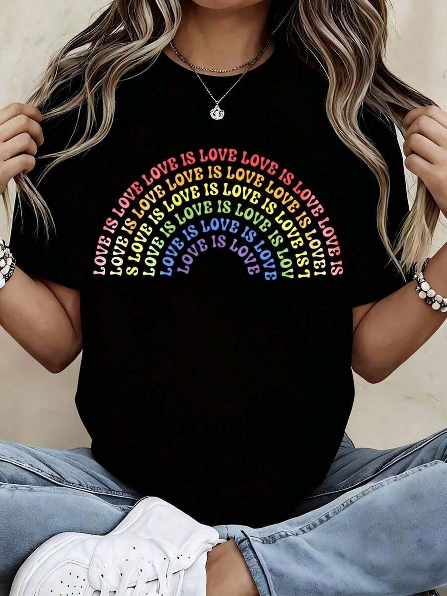 Camiseta Unisex con Estampado de Arcoíris "Love Is Love", Camiseta Casual de Manga Corta para Mujeres y Hombres, Ropa para el Día del Orgullo, Camiseta Cómoda de Algodón Suave - Negro - Ver 1