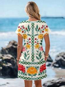 Vestido corto minimalista casual con cuello en V, adecuado para primavera y verano, ropa de verano para mujer, a rayas de colores, ropa de resort para mujer - Multicolor 4 - Ver 2