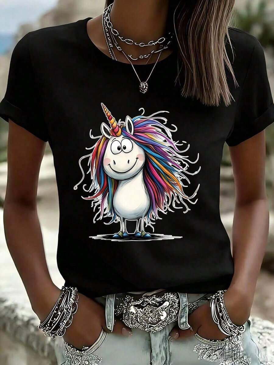 Camiseta de Mujer con Estampado de Unicornio Arcoíris, Blanca, Manga Corta, Estilo Casual, Camisa de Moda - Negro - Ver 1