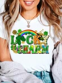 Camiseta con Estampado de Trébol de la Suerte para Mujer, Camiseta con Estampado de Letras de la Suerte, Camiseta con Trébol de Tres Hojas y Arcoíris, Tallas Grandes para Mujer y Niñas, Tallas L-3XL 4XL 5XL - Blanco - Ver 6