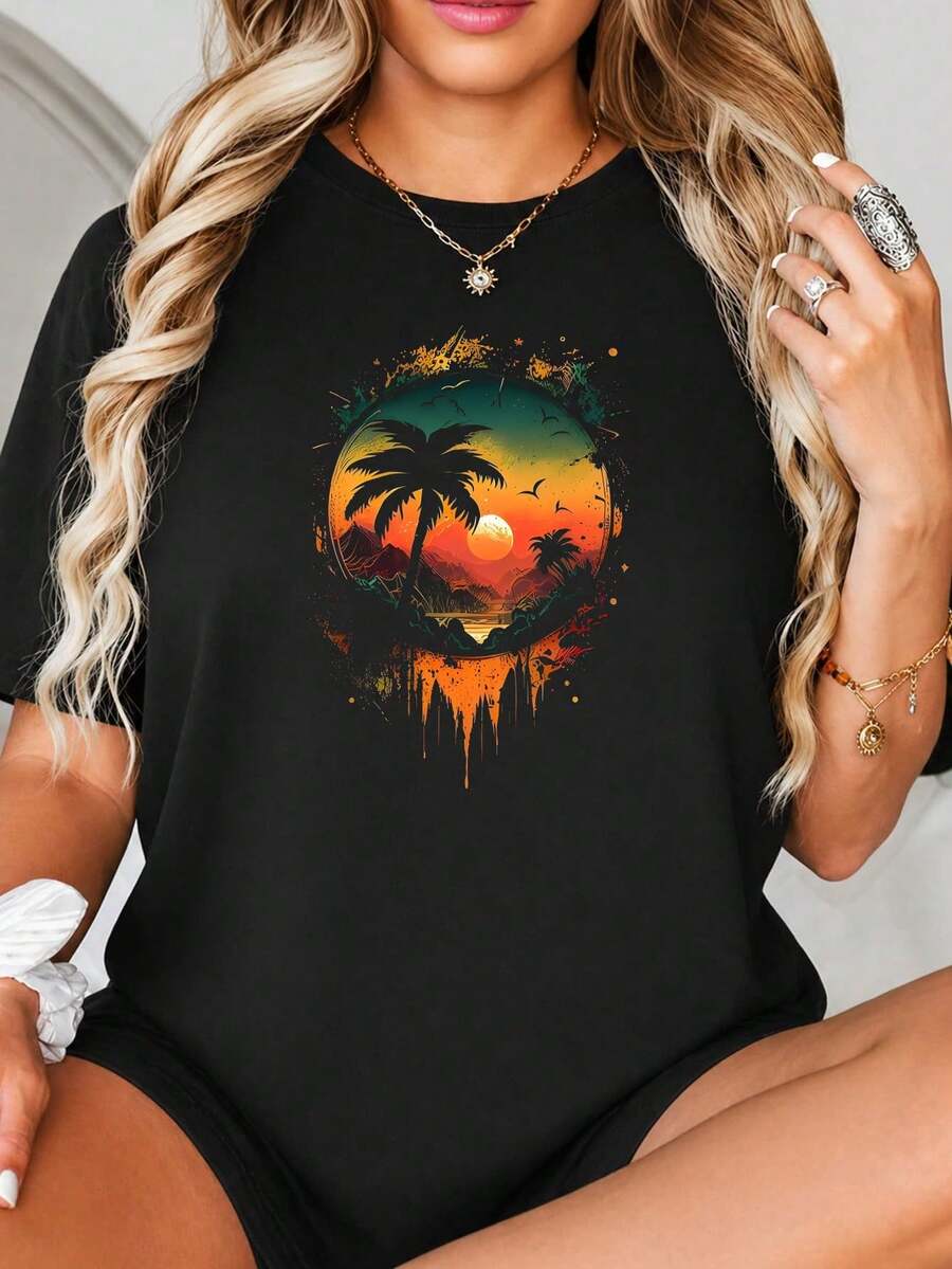 Impresión gráfica de puesta de sol tropical ovalada con palmeras, olas oceánicas y siluetas de montañas, Estilo de arte de salpicaduras Grunge, Gradiente verde anaranjado, Vibras de playa.jpgRegalos personalizados: Camisetas para mujer con estilos modernos, hippies, casuales y minimalistas. Ropa masculina personalizada única, armarios cápsula, ropa básica/urbana para hombre. Regalos ideales para novios, familiares y amigos, adecuados para cumpleaños, vacaciones, colegio/competiciones, deportes/escalada, etc., también adecuados para la moda de otoño y actividades urbanas. Verano negro.