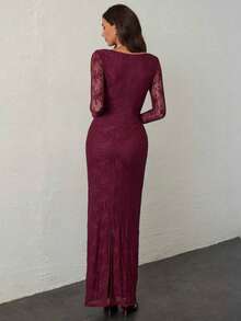 Vestido negro ajustado hasta el suelo con cuello corsé ahuecado y mangas largas con encaje en forma de S sexy para mujer para fiestas, citas y banquetes de otoño/invierno nuevo - Burdeos 3 - Ver 3