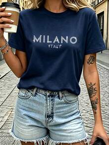 Playera Casual Oversize Mujer "Milano Italy" - Azul Marino con Letras de Strass Brillantes - Azul Marino - Ver 3