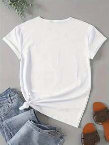 Women's Graphic T-Shirt Blouse, Casual Short-Sleeved Round Neck Basic Top With Heart Print, Faux Denim Style, Suitable For Everyday Wear, Day Or Night, Valentine's Day, Soft, Regular Fit, Comfortable, Cool, Lightweight, Modern, Youthful, Y2K Aesthetic - 白色的 - 查看 4