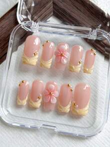 10片方形手工按压式美甲贴片，黄色法式甲片，3D立体浮雕装饰，简约可爱亚克力美甲，适合女孩和女士日常、度假和上学美甲装饰，包含果冻胶和指甲锉，是送给女孩的理想礼物。 - 黃色 - 查看 1
