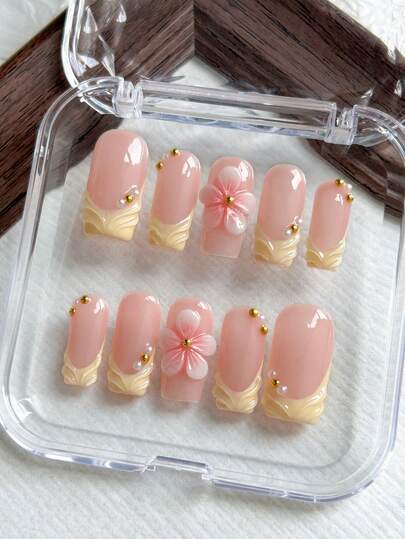 10pcs Square Handmade Nail Stickers, Yellow French Tip, 3D Embossed Decor, Floral Carving, Acrylic Cute False Nails Suitable For Girls & Women Daily, Vacation & School Nail Decoration, Includes Gel Polish & Nail File, Ideal Gift For Girls