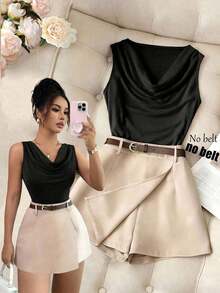 1 conjunto de top sin mangas de cuello en V ajustado de color marrón con falda pantalón de oficina de color albaricoque para mujer - Negro - Ver 1